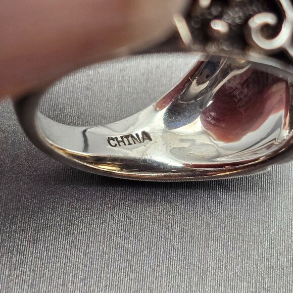 Sterling Silver & Citrine Dome Ring Size 6.5 Ornate Scrollwork Signed K 9.91g - Picture 8 of 13